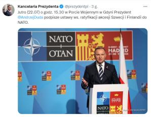 Prezydent  Andrzej Duda podpisze ustawy ws. ratyfikacji akcesji Szwecji i Finlandii do NATO